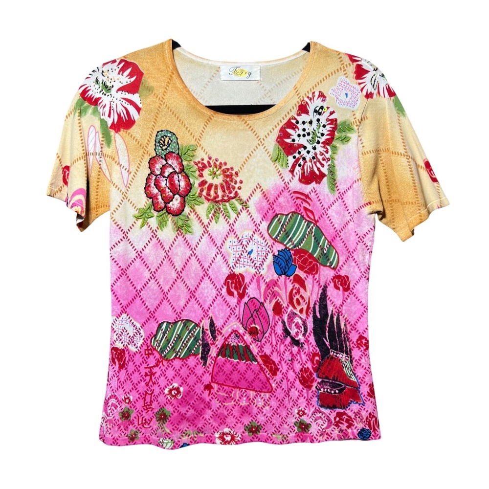 Y2K Fairy Pink Yellow Floral Art to Wear Embellished Knit Top Beaded